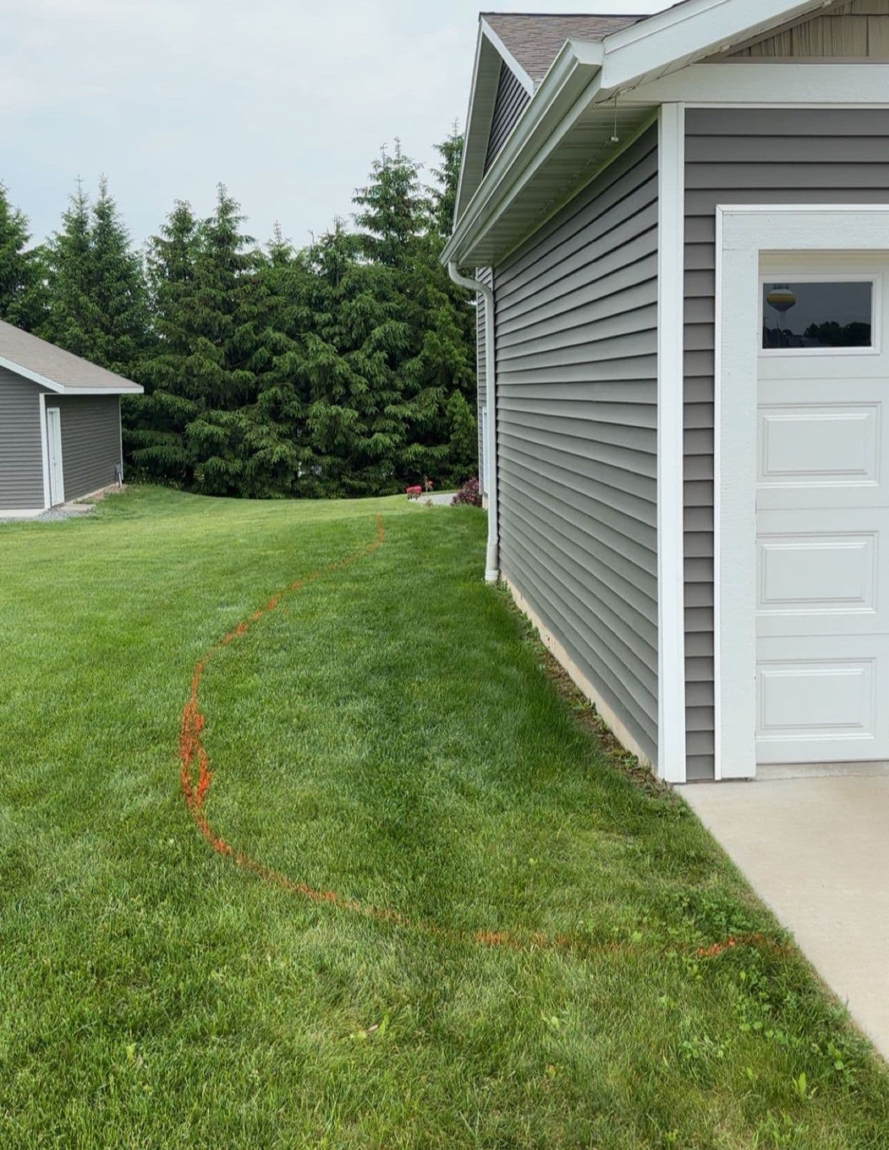 Curved orange marking on grass beside a house, indicating landscaping or utility work.